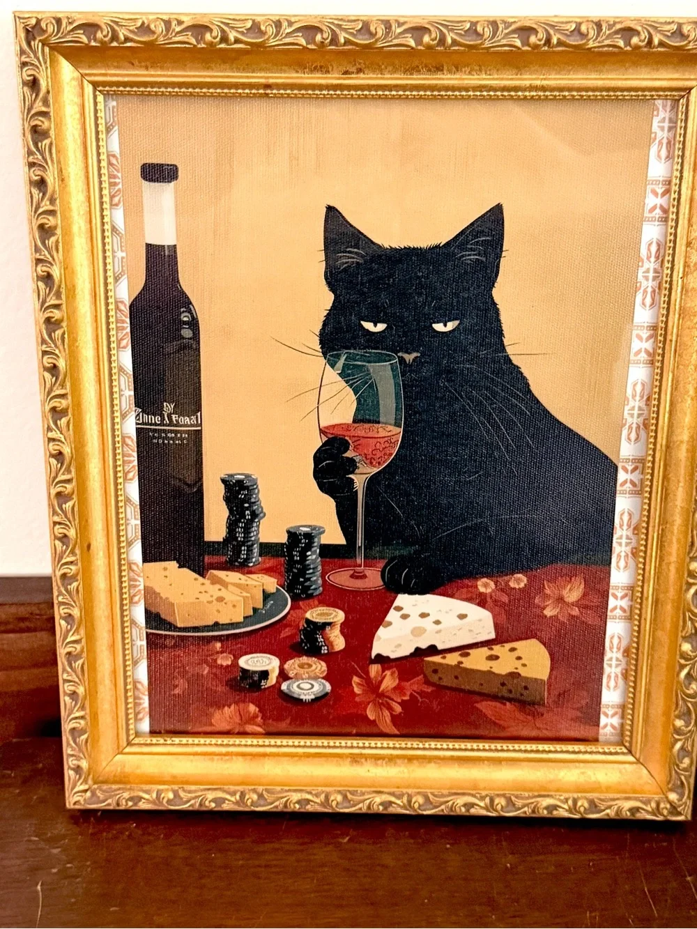 Black Cat Wine & Cheese Poker Night Canvas Art Print Ornate Gold Framed Wall Art